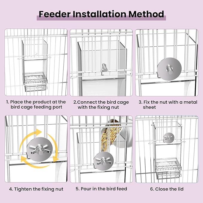 BAGHBPM No Mess Bird Feeder Water Dispenser Set,Automatic Parakeet Feeder Cage Accessories,Parrot Transparent Food Container Drinker for Cage,Canaries Budgies Lovebirds Cockatiels Finches (Purple)