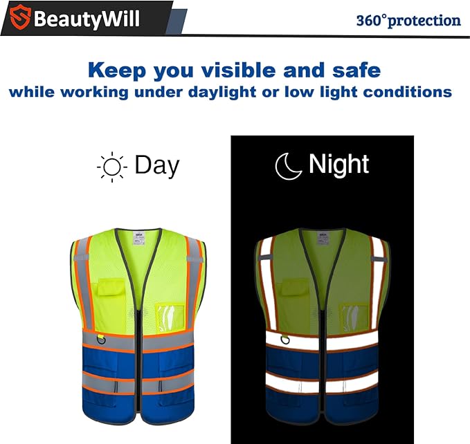 BeautyWill Custom Mesh Safety Vest Customized Logo Class2 High Visibility Reflective Vest with Pockets Construction workwear（Yellow Blue，4XL ）