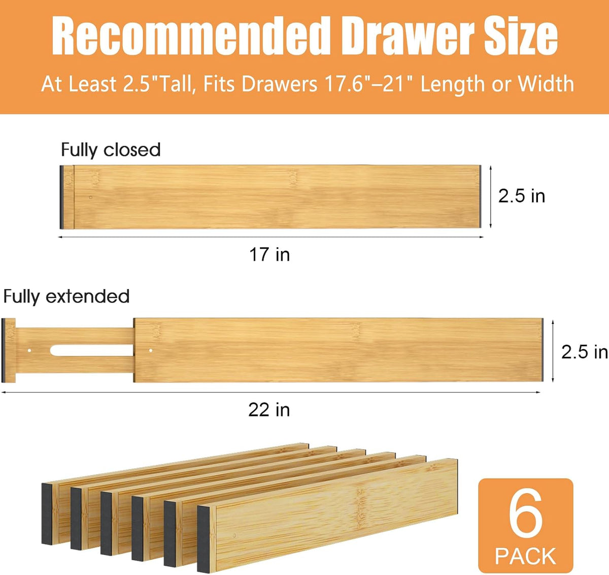 Bamboo Drawer Dividers, Adjustable Drawer Organizers, Fits 17.6–21" Drawers