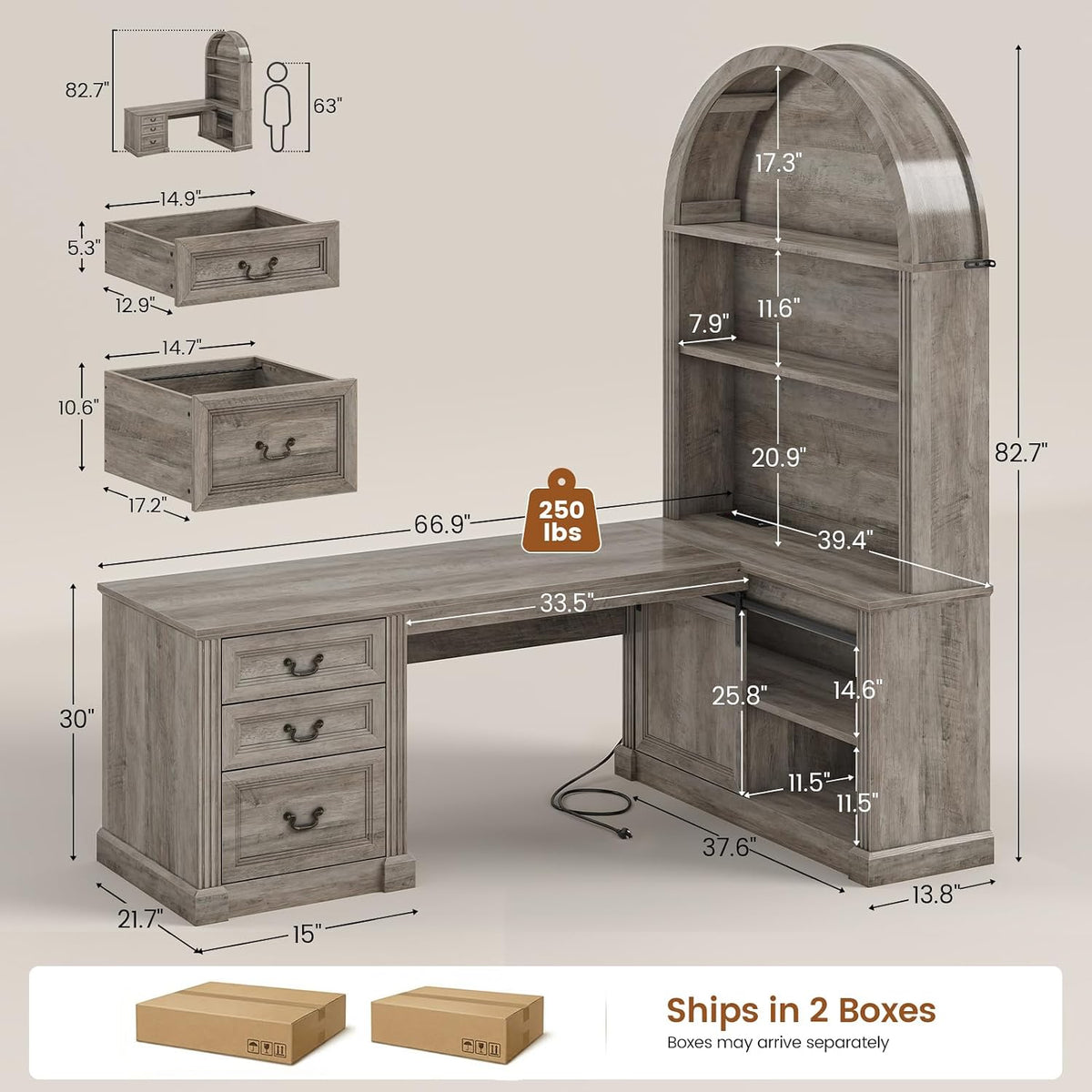 SEDETA 67" L Shaped Desk with Tall Arched Bookshelf & 3 Drawers Storage