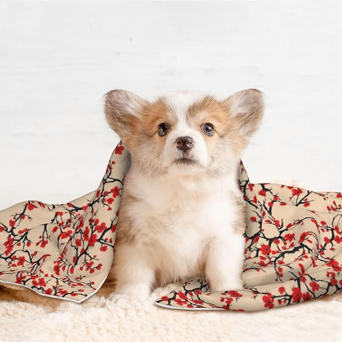 Pet Blanket for Car Rides Vet Visits, Blossom Japanese Cherry, Two Sided Reversible Plush Design with Bumpy Dot Side Offers Comfort Home Piece On Go Travel