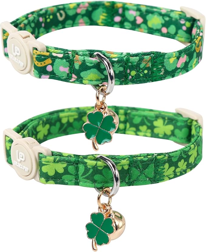 Cat Collar,2Pack St.Patrick's Day Kitten Collars Cute Shamrock Breakaway Kitty Collars,Spring Green Trefoil Cat Collar with Bell, Lucky Clover Kitten Collars for Girl & Boy Cats