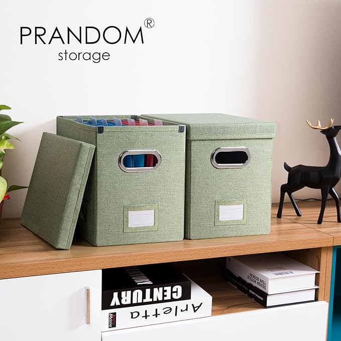 PRANDOM File Organizer Box - Set of 1 Collapsible Decorative Linen Filing Storage Hanging File Folders with Lids Office Cabinet Letter Size Green (14x9.3x10.8 inch)