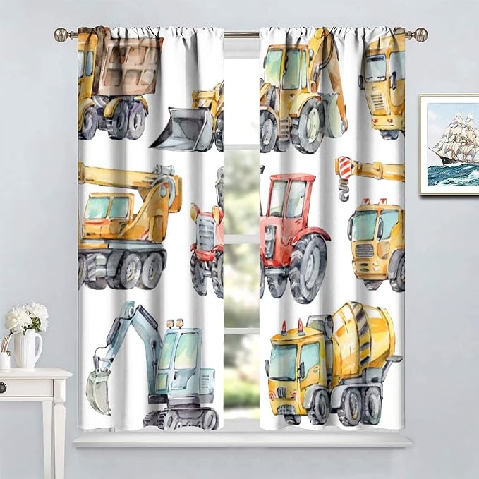 Kids Excavator Curtains, Retro Truck Tractor Machinery Construction Vehicle
