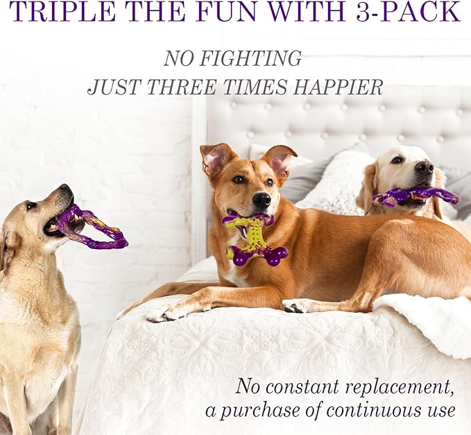 Tough Dog Toys for Aggressive Chewers 3 Pack, Indestructible Dog Toys for Large Dogs, Dog Chew Toys, Aggressive Chew Toys to Keep Them Busy, Dog Bones for 15-100lbs Puppy/Medium/Large Breeds