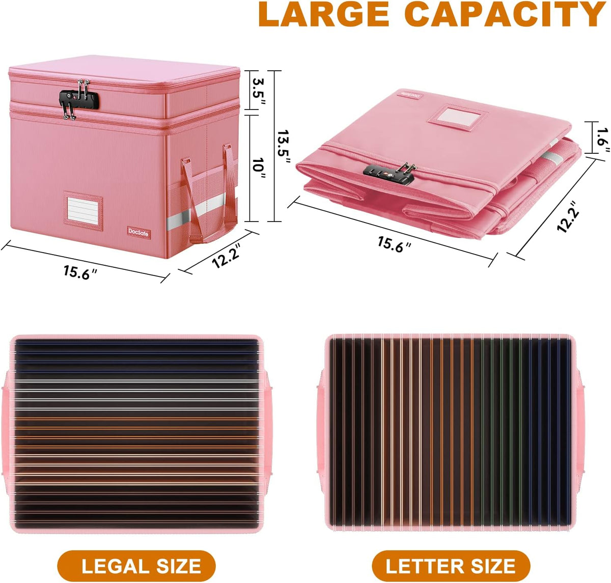 DocSafe File Box with Lock,Multi-Layer Fireproof Document Box Collapsible File Storage Organizer with Pockets/Handle,Large Portable Home Office Filing Safe for Hanging Letter/Legal Size Folders,Pink