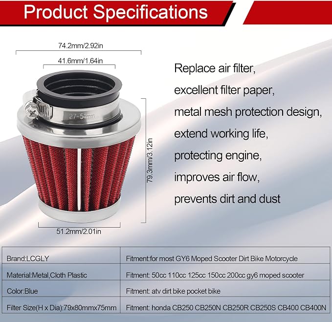 2PCS 42mm Universal Air Filter For GY6 125CC 150CC 200CC 250CC Dirt Bike ATV