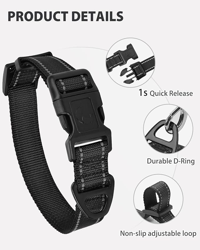 Joytale Large Dog Collar, Reflective and Adjustable Nylon Pet Collar with Quick-Release Buckle for Large Dogs, Black, L
