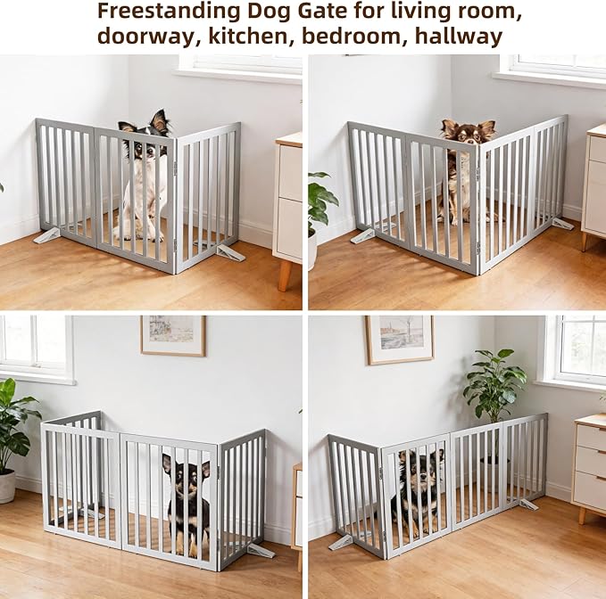 ZJSF Freestanding Indoor Dog Gate for House Foldable Wood Puppy Gate for Doorways Pet Gate for Stairs Extra Wide Pet Fence, Grey, 24" Height 3 Panels