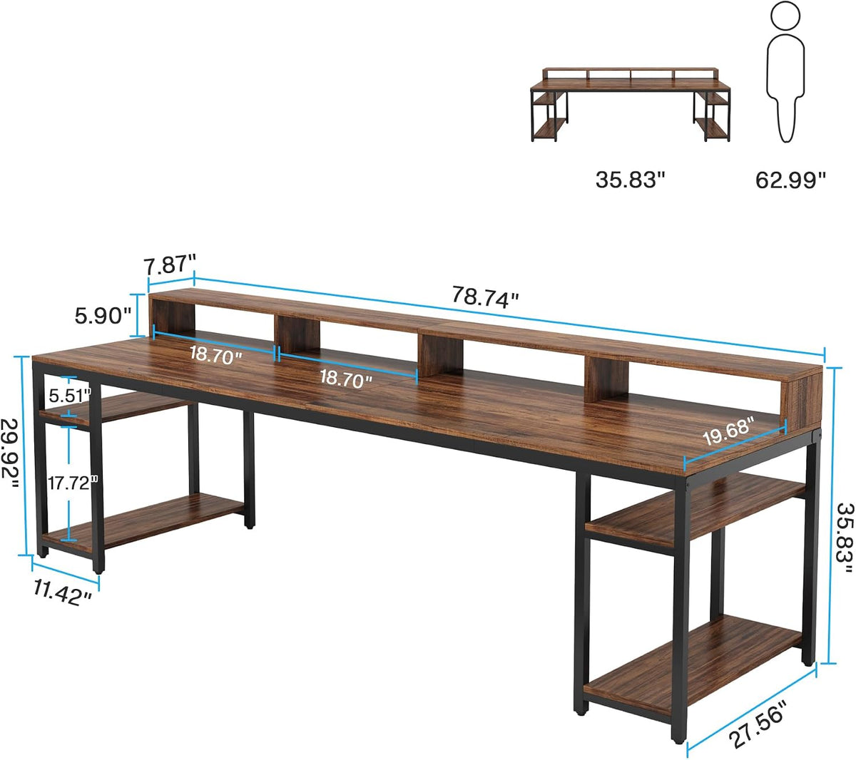 Tribesigns Two Person Desk with Monitor Stand, 78.74" Long Double Computer Office Desk with Storage Shelves, Large Gaming Study Writing Table Workstation for Home Office (Rustic Brown)