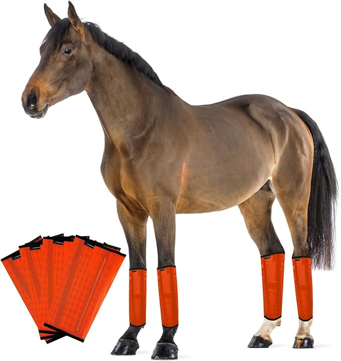 FOXLVDA Horse Fly Boots - Fly Boots for Horses Set of 4, Comfortable Horse Leggings, Mesh Material Design with Metal Support Bars for Reduces Stomping & Leg Fatigue (Orange, Large)