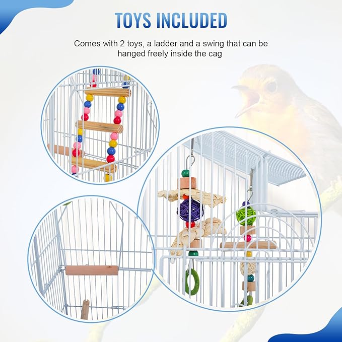 FDW 39 Inch Bird Cage Parakeet Cage with Play Top Rolling Stand & Easy Clean Pull-Out Tray Roof Top Parrot Cage for for Finches Canaries Parakeets Cockatiels & Other Small Birds, White