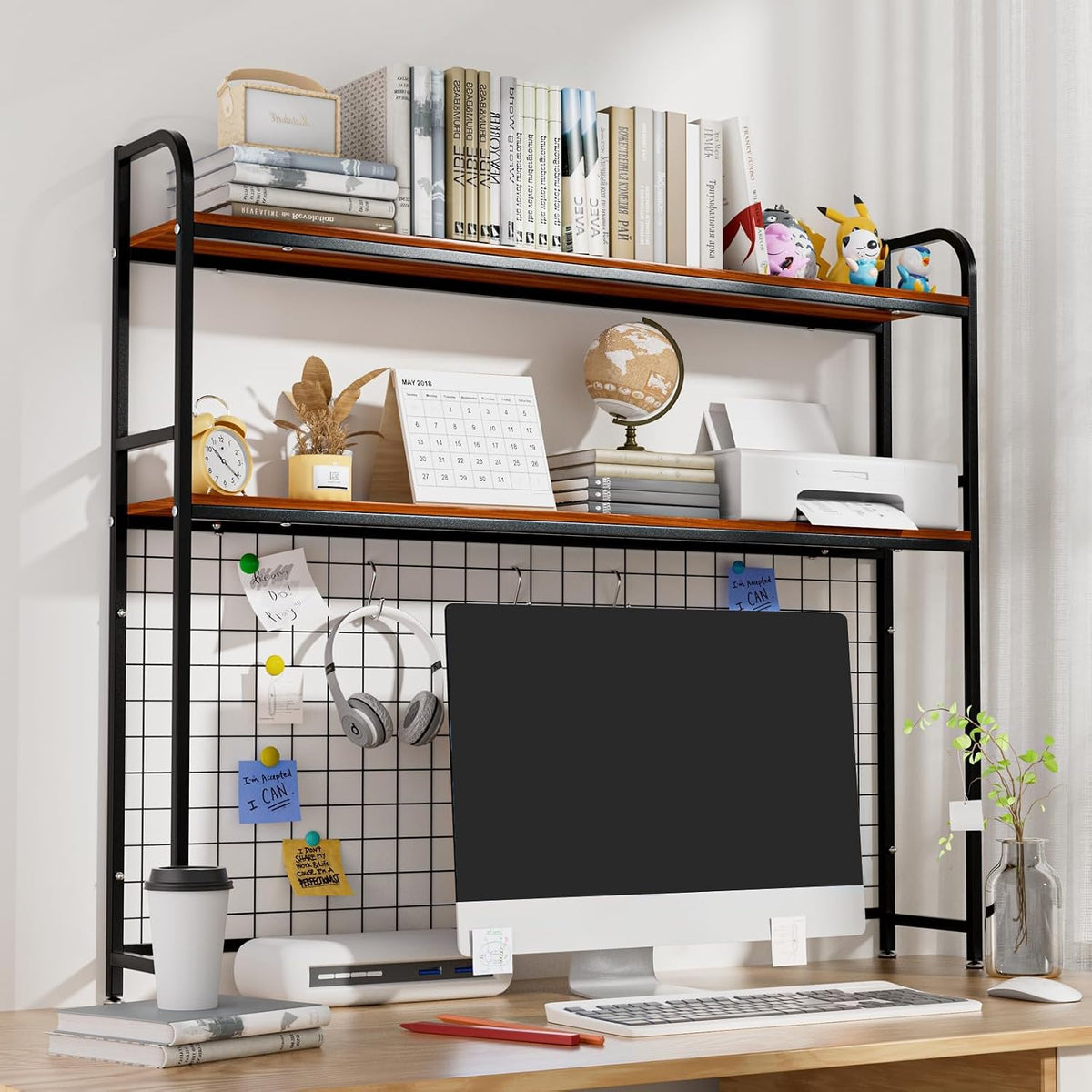 2-Tier Desk Shelf with Grid Panel, Freestanding, Black, 45.3" W