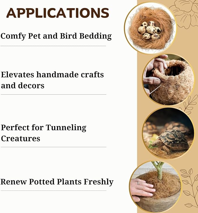 Coconut Fibre Animal Bedding, Bird Nesting Material (200 GMS), Chicken Nesting Pads, Hamster Bedding, Coco Husk for Plants, Eco Earth Coconut Fiber Substrate, Bird Nest for Cage