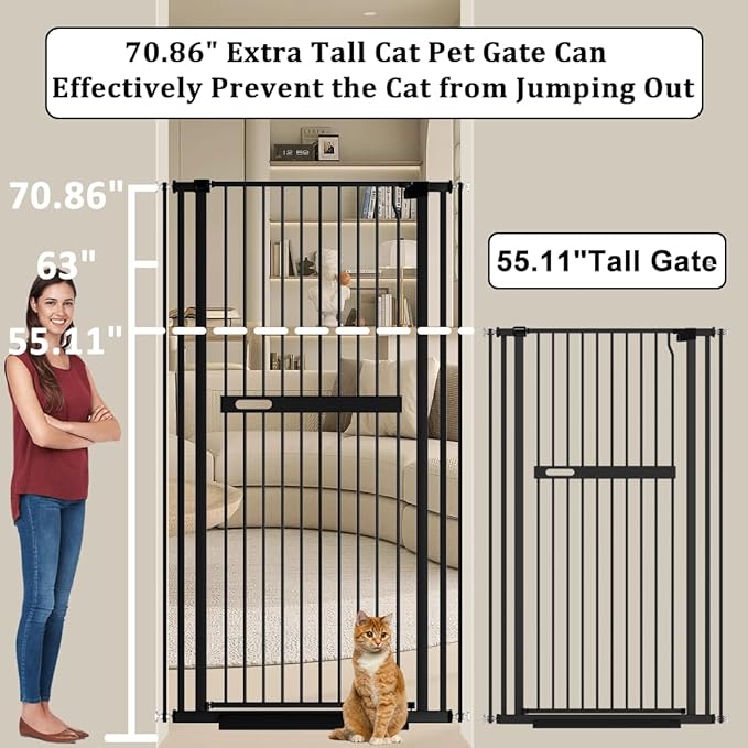 WAOWAO 71" Extra Tall Cat Pet Gate 29.92-45.66" Wide Pressure Mounted Walk Through Swing Auto Close Safety Black Metal Dog Pet Puppy Cat for Indoor Stairs,Doorways