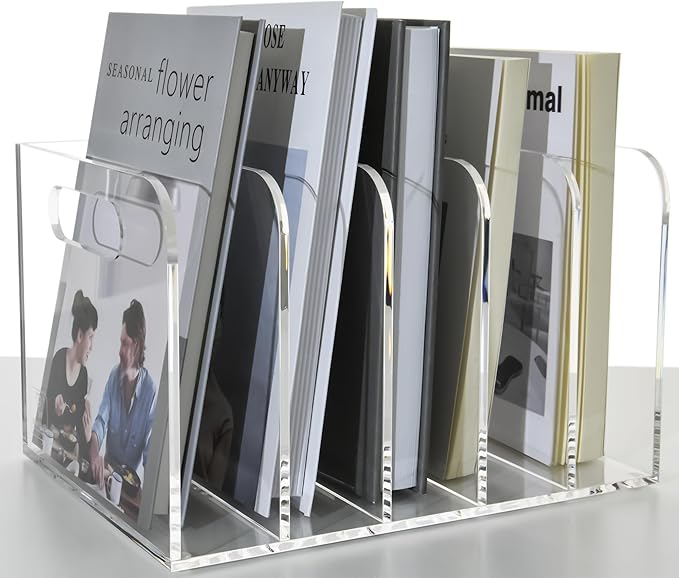 Clear Acrylic Organizers - 5 Vertical Compartments Acrylic Folder Organizer & File Organizer, Desk Document Storage Bins for Magazines, Binders - Multipurpose Home Office Desk Organizer