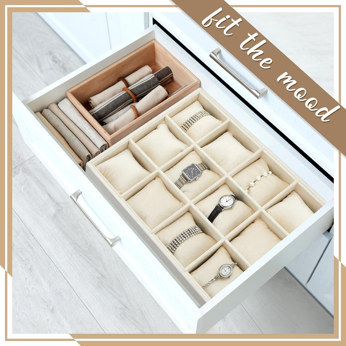 Henoyso 12 Grid 2 Pack Watch Organizer Drawer Bangle Tray Stackable Beige