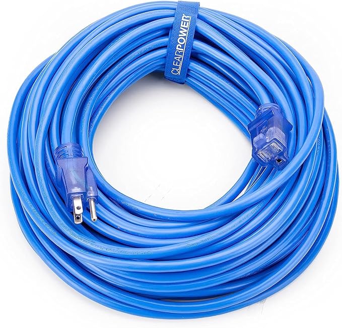 Clear Power 100 ft 14/3 SJTW -50°C Extreme Cold Weather Outdoor Indoor Extension Cord, Blue, Grounded Plug and Lighted Connector, Ideal for Snow Blowers and Power Tools, DCOC-0078-DC