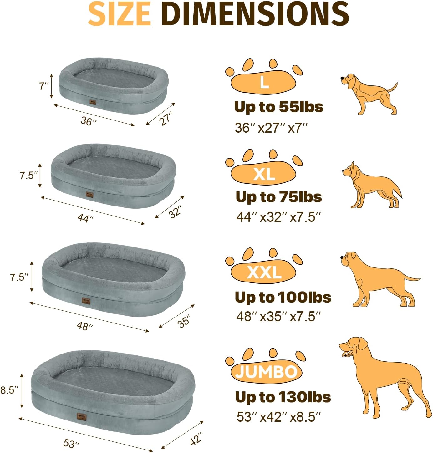 Orthopedic Waterproof Large Dog Bed: Memory Foam Washable Dog Bed with Bolsters - XL Removable Orthopedic Cover for Medium Large Sized Pet - Non-Slip Bottom - Grey
