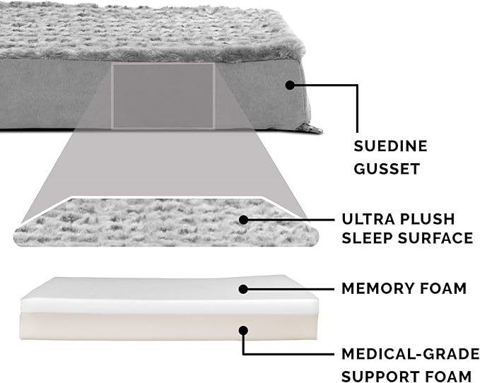 Furhaven Memory Foam Dog Bed for Large Dogs w/ Removable Washable Cover, For Dogs Up to 125 lbs - Ultra Plush Faux Fur & Suede Mattress - Gray, Jumbo Plus/XXL