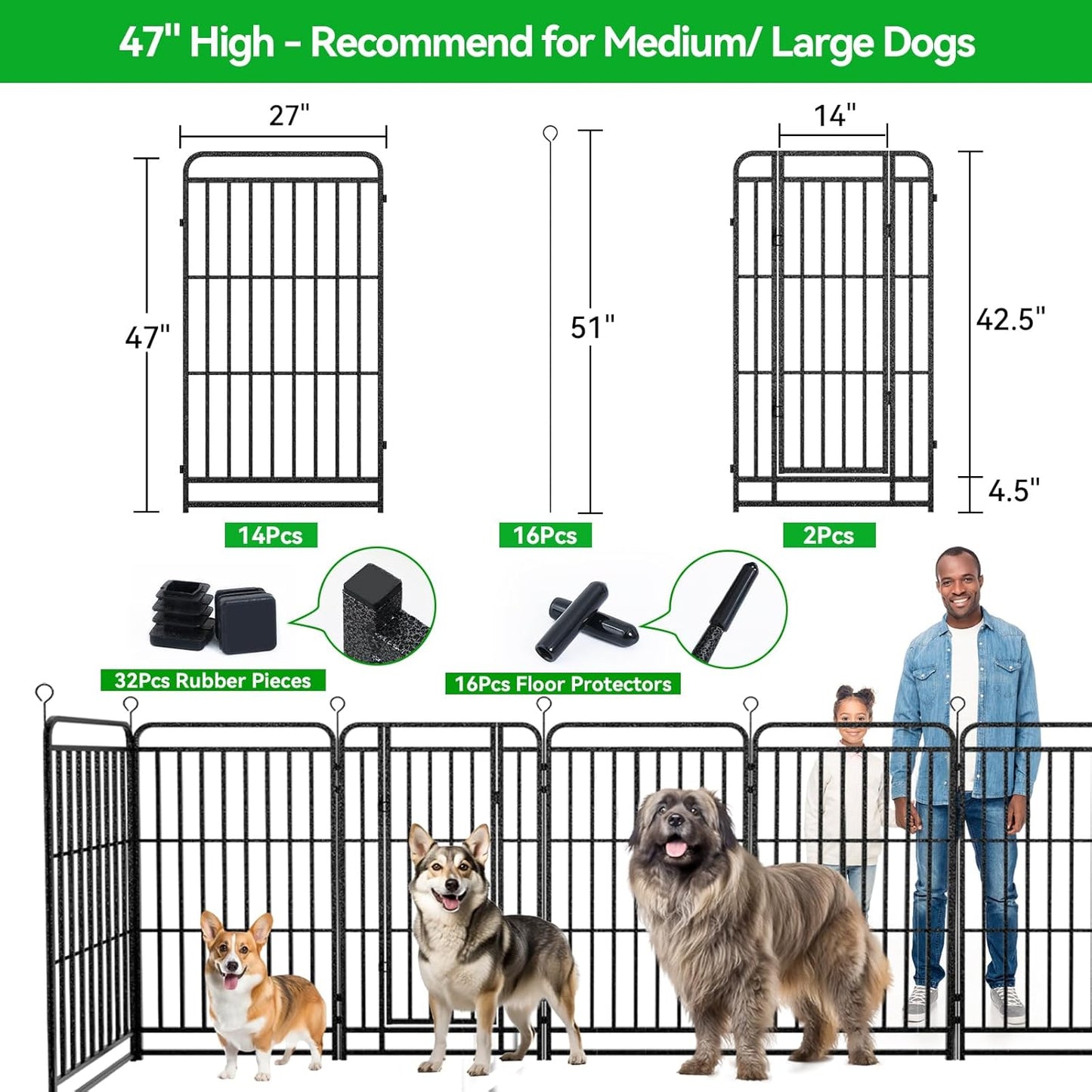 Dog Playpen Outdoor 16 Panels Heavy Duty Dog Fence 47" Height with Thick Pipe Anti-Rust with Doors Portable for RV Camping Yard, Total 36FT, 103 Sq.ft, Snowy Black