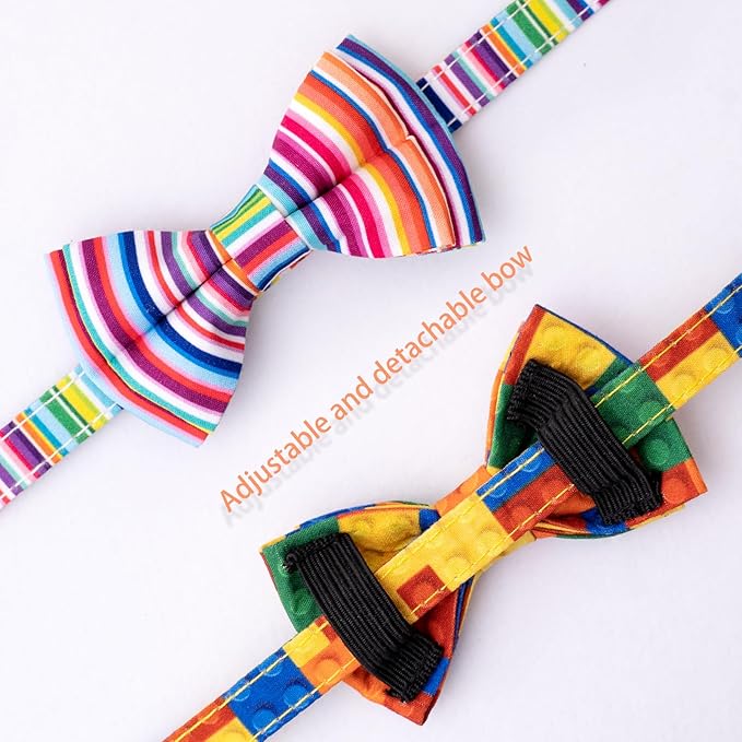 Faygarsle 2 Pack Breakaway Bowtie Cat Collar with Bell for Male Female Cats Fancy Yellow Blue with Toy Building Blocks Streaks Pattern Spring Summer Cat Collar for Boy Girl Cats