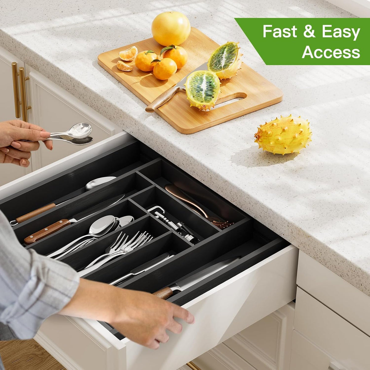 Pipishell Bamboo Expandable Silverware Drawer Organizer, Black, Medium