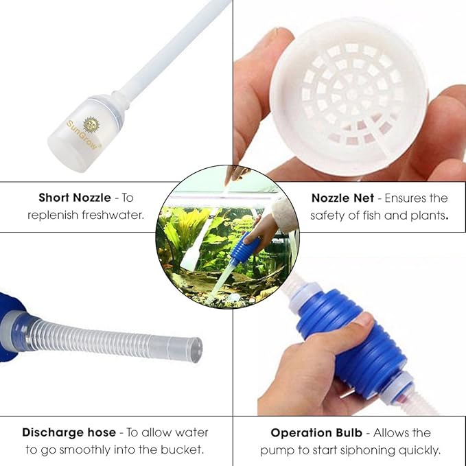 SunGrow Water Siphon Pump for Fish Tank with Priming Bulb, 3.5" Nozzle Net, 65-Inches, Long Nozzle Sand Cleaning Kit, Fish Gravel Vacuum to Clear Water, Aquarium Siphon Tank, 2-Minutes to Assemble