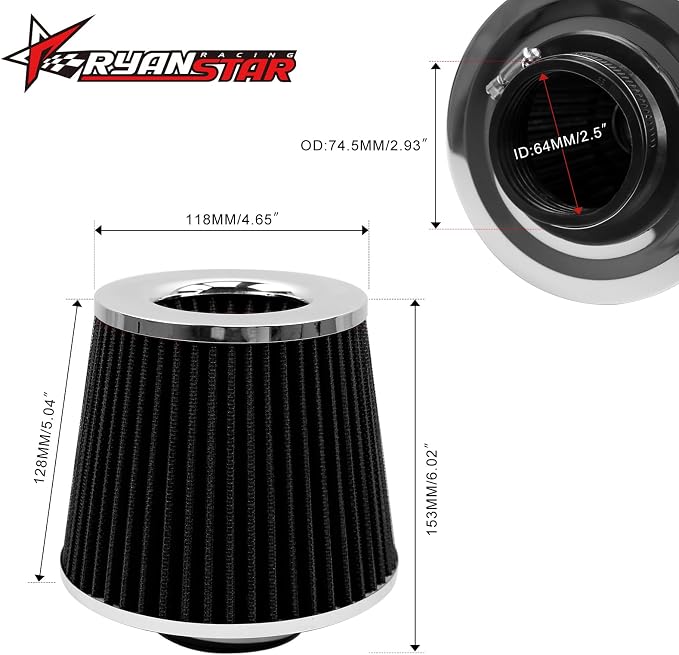 RYANSTAR 63mm 2.5" High Flow Round Tapered Cone Cool Air Filter Cleaner