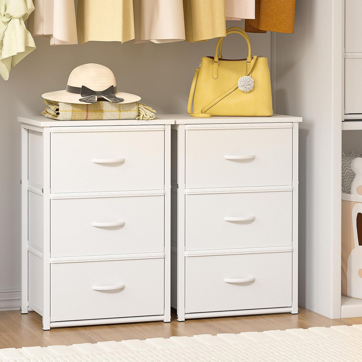 2-Pack Stackable Storage Drawers (6 Drawers Total), White Closet Drawers Organizer for Clothes with Wooden Top & Metal Frame, Freestanding or Stackable Dresser for Bedroom, Living Room, Under Bed
