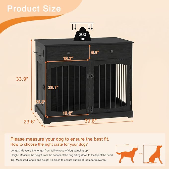 BREEZEHEAT 40 inch Dog Crate Furniture-Farmhouse Dog Kennel with Drawers-End Table Wooden Pet Crate, Double Door Design, Decorative Dog House Indoor for Small Medium Large Dog,Brwon