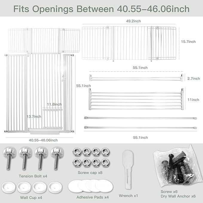 71 Inch Extra Tall Pet Gate with Small Cat Door, 29.55"-46.06" Adjustable Wide Dog Gate, Tall Cats Gates for Doorway, Stairs, House(White)