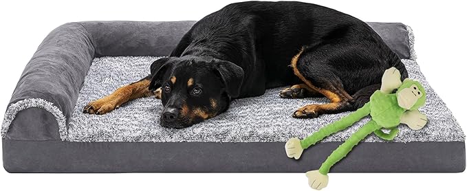 FurHaven Orthopedic Dog Bed & goDog Toy - Squeaky Plush Monkey with Moving Arms and Chew Guard Technology for Large Dogs - Two-Tone Plush Faux Fur & Suede L Shaped Chaise - Stone Gray, Jumbo/XL
