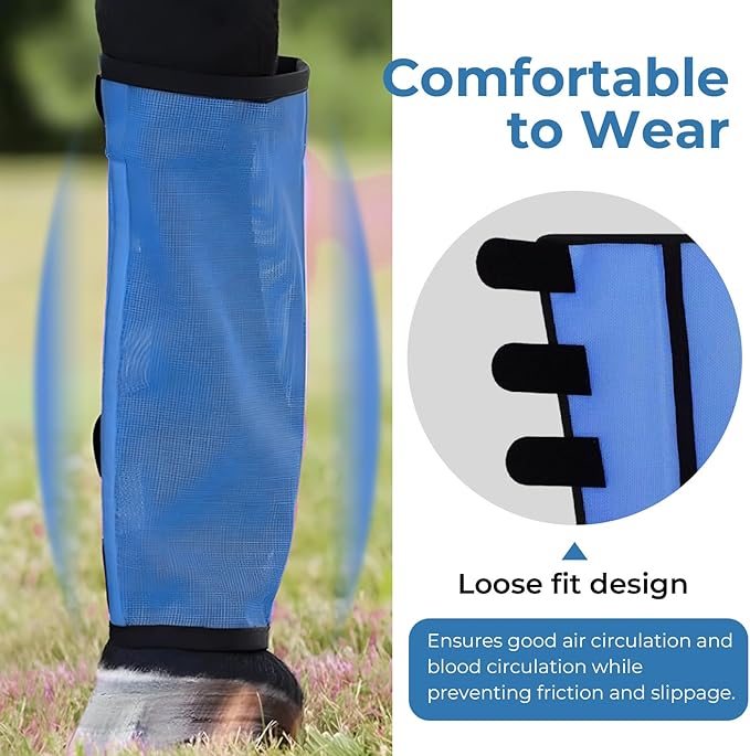 Mesh Horse Fly Boots Set of 4，Adjustable and Universal Loose Fitting & Non-Slip Horse Fly Leggings for Horses,Reduce Stressful Stomping (Blue)