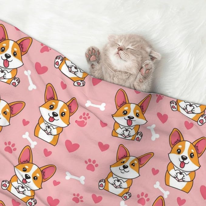 Pet Blanket for Travel and Home, Cute Happy Corgi Dog, Reversible Plush Dot Design with Soft Grip Texture on One Side Perfect for Car Seats Moving Vehicles