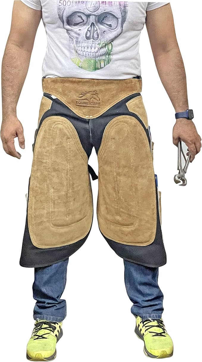 Equine Care Farrier Apron Chaps – Cowhide Suede Leather & Canvas, Adjustable Waist 28"-52" with Back Support, Tool Pockets & Nail Magnets – 23", 25", 27", 29" for Horse Shoeing (23 inches (59 cm))