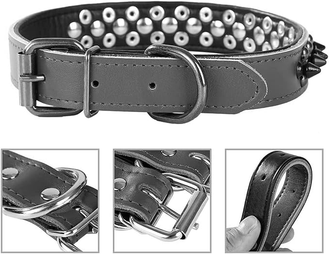 Spiked Studded Dog Collar, Genuine Leather Dog Collar, Adjustable Pet Collars for Medium Large Bulldog Pitbull Mastiff Poodle Boxer (M:29-38cm, Pink-1)