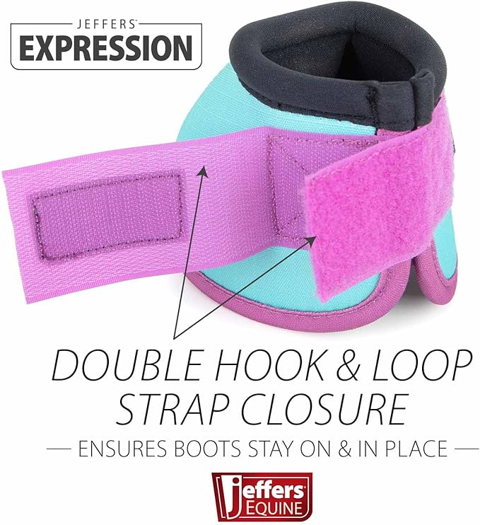 Jeffers Expression No Turn Bell Boots for Horses - Turquoise & Purple, Large | Shock Absorbing Hoof Protection | Secure Double Hook & Loop Closure, Perfect for Turnout, Training, & Riding - 1 Pair
