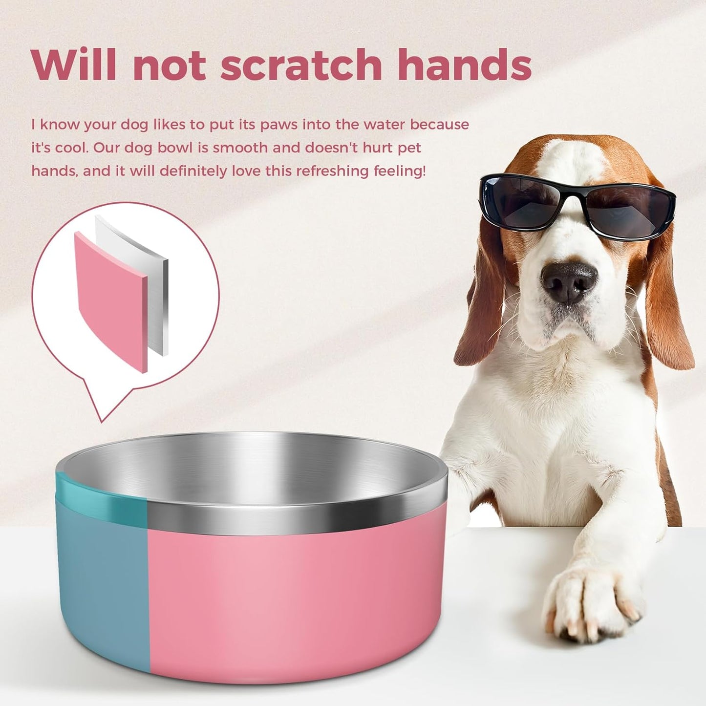 Dog Bowl, Stainless Steel Dog Food and Water Bowl with Non Slip Quiet Bottom, Easy to Clean, Dishwasher Safe, 64oz, Pink