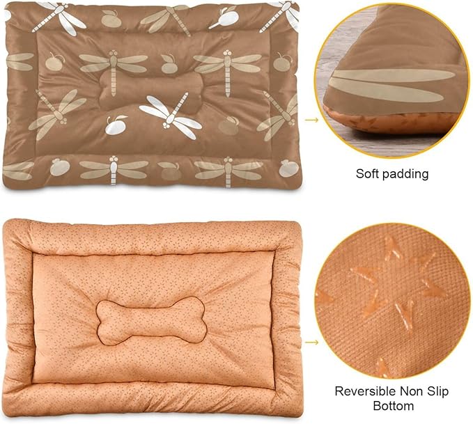 Emelivor Dragonflies Brown Dog Cat Bed Washable Crate Pet Bed Anti-Slip Comfortable Durable Dog Crate Bed for Medium Large Small Dogs Cats,36x24in