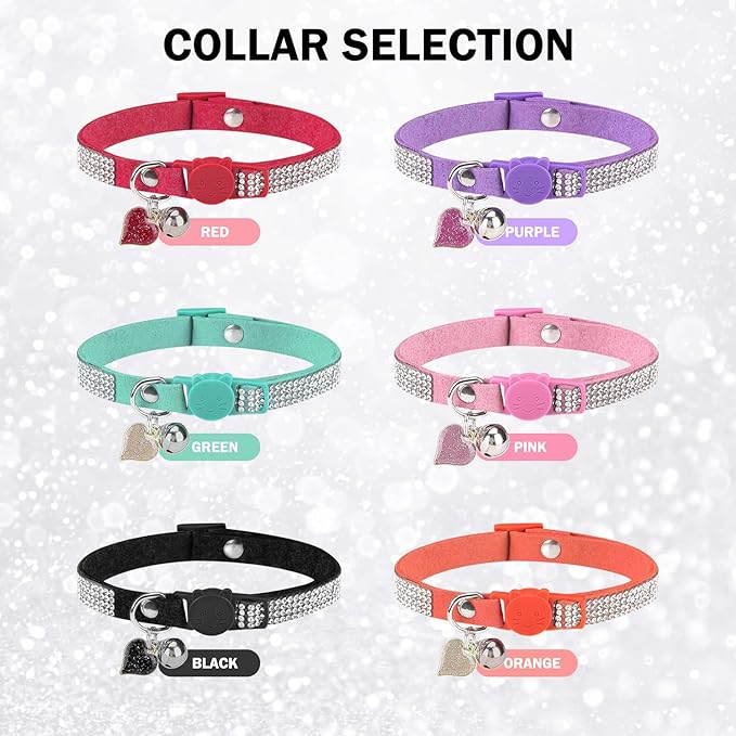 Rhinestone Cat Collar Breakaway with Bell, Diamond Cat Collar with Safety Buckle Quick Release for Girl Boy Small Kitten Pets Puppy,Cute Soft Female Male Cat Collars,Color Pink & Purple 8-12"