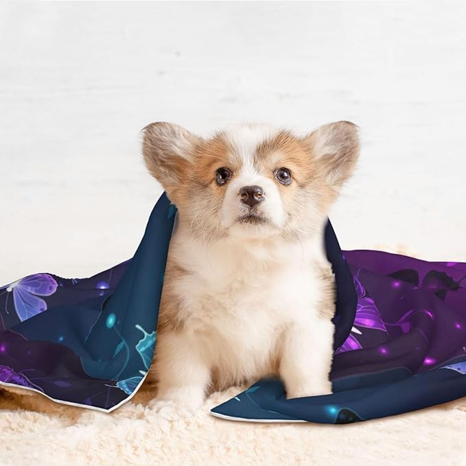 Reversible Dog Blanket for Beds Couches, Background with Night Butterflies, Double Sided Cat Blanket with Textured Dot Feel and Smooth Feel for Seasonal Comfort All Year
