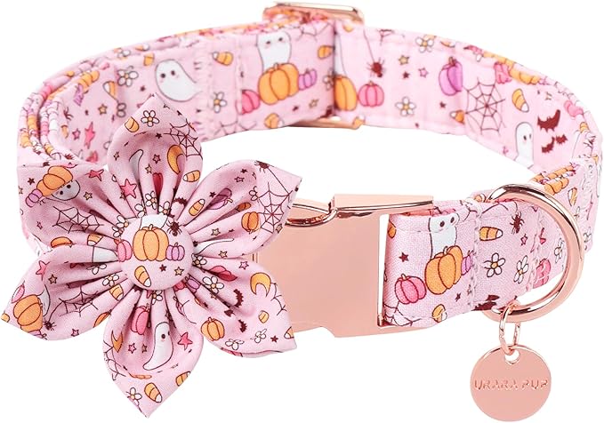 Halloween Dog Collar With Flower, Pink Puppy Collar With Adjustable Metal Buckle, Fancy Bowtie Gift for Girl Boy Dog, XS