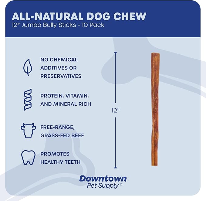 Downtown Pet Supply Jumbo Bully Sticks for Dogs - Natural Beef Chews, Low-Odor & Rawhide-Free, Long Lasting Dog Treats for Aggressive Chewers - Healthy, Safe & Delicious Chews Dogs Love (12" 10 Pack)