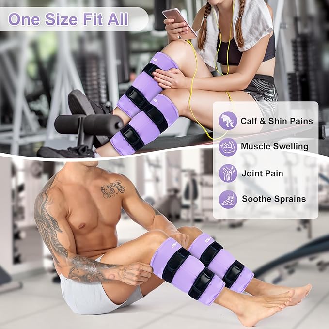 SuzziPad 360° Cold Pack for Calf, Shin, Arm & Elbow – Ice Wrap with Dual-Cover Design, Adjustable Velcro Straps, Leakproof & Reusable Cold Compress for Post-Workout Recovery (2 Packs), Purple