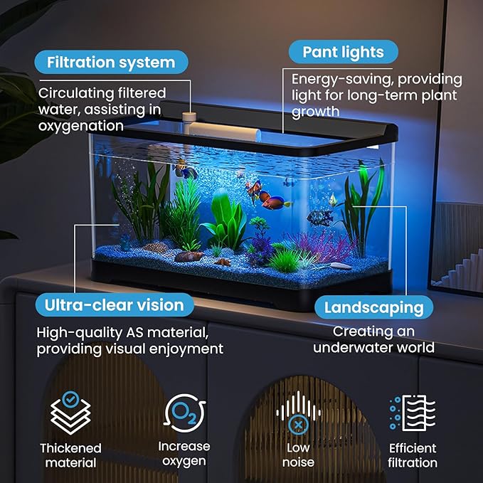 LED Aquarium Fish Tank Kit,（Light + Filter + Green Plants + Blue Sand + Pineapple Houses + Shells） Black, 4.5 Gallon (Now)