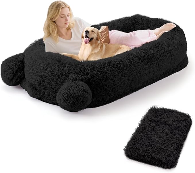 GarveeHome Human Sized Dog Bed, 71" x 45" x 12" Large Dog Bed with 2 Storage Pockets, Fluffy Faux Fur Orthopedic Pet Bean Bed for Adults & Giant Pets - Black