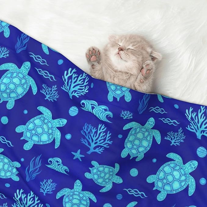 Two Sided Plush Pet Blanket for Crates Carriers Home Use, Watercolor Blue Sea Turtle, Reversible Throw with Cozy Dot Fabric and Silky Reverse for Small Large Pets