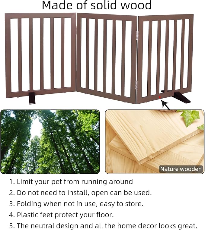 Dog Gate Indoor, Freestanding Dog Fence for The House, Doorways, Hallways,or Stairs,Pet Gate Foldable Wooden,Expandable 24" Height 3 Panels,Brown