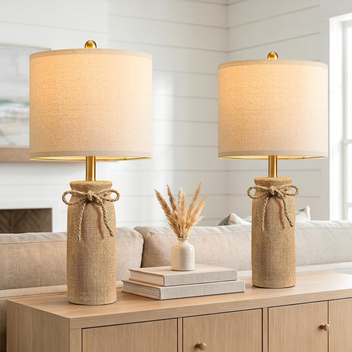 BOBOMOMO Boho Table Lamps for Living Room Set of 2, 25.5" Coastal Farmhouse Bedside Table Lamps for Nightstands, Resin Woven Rattan-Look Lamps for Bedroom, Entry Way, Rustic Home Decor